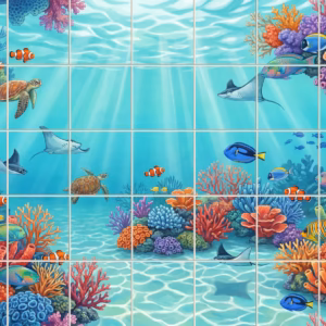 An illustrative mural of a colourful coral reef with turtles, fish, and rays.