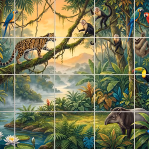 An illustrative mural of a rainforest filled with animals like a leopard, monkeys, and a tapir.