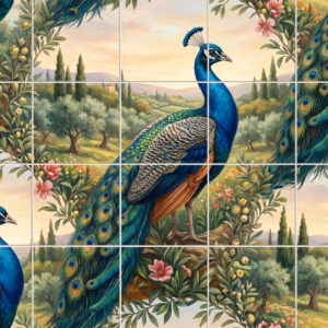 Tile mural of two peacocks in a painterly Italian countryside with olive trees.