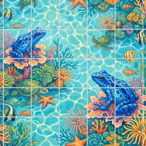 Tile mural of two blue frogs on a coral reef with turtles and fish.