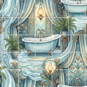 A watercolour tile mural of a vintage bathroom in the Art Nouveau style.