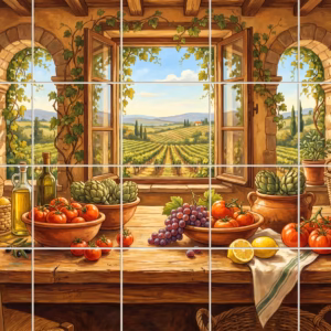 View of the Vineyard tile mural: tile mural of a rustic kitchen table with fresh produce overlooking a Tuscan vineyard.