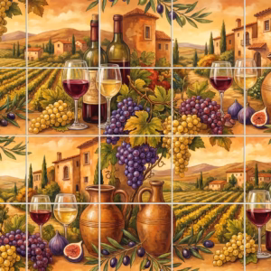 A painted tile mural of a Tuscan vineyard with wine, grapes, and olives.