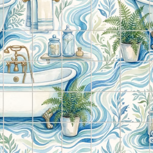 A watercolour tile mural of clawfoot baths and ferns in a repeating pattern.