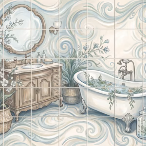 An illustrative tile mural of a vintage bathroom with a clawfoot tub and swirling blue walls.