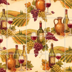 A repeating tile mural of wine bottles, grapes, and vineyard scenes.