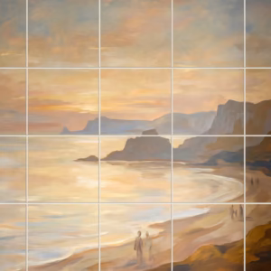 A painterly tile mural of a coastal sunset with cliffs and figures on a beach.