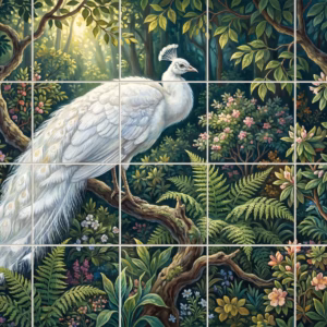 An illustrative tile mural of a white peacock in a lush green forest.