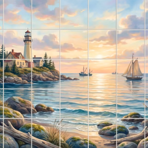 Painting of a lighthouse and sailboats on the coast at sunset.