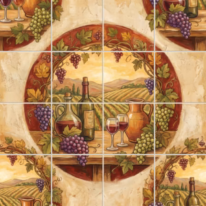 A painted tile mural of a wine and grapes still life with a vineyard view.