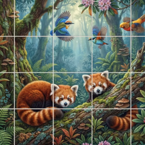 An illustrative mural of two red pandas and birds in a lush green forest.