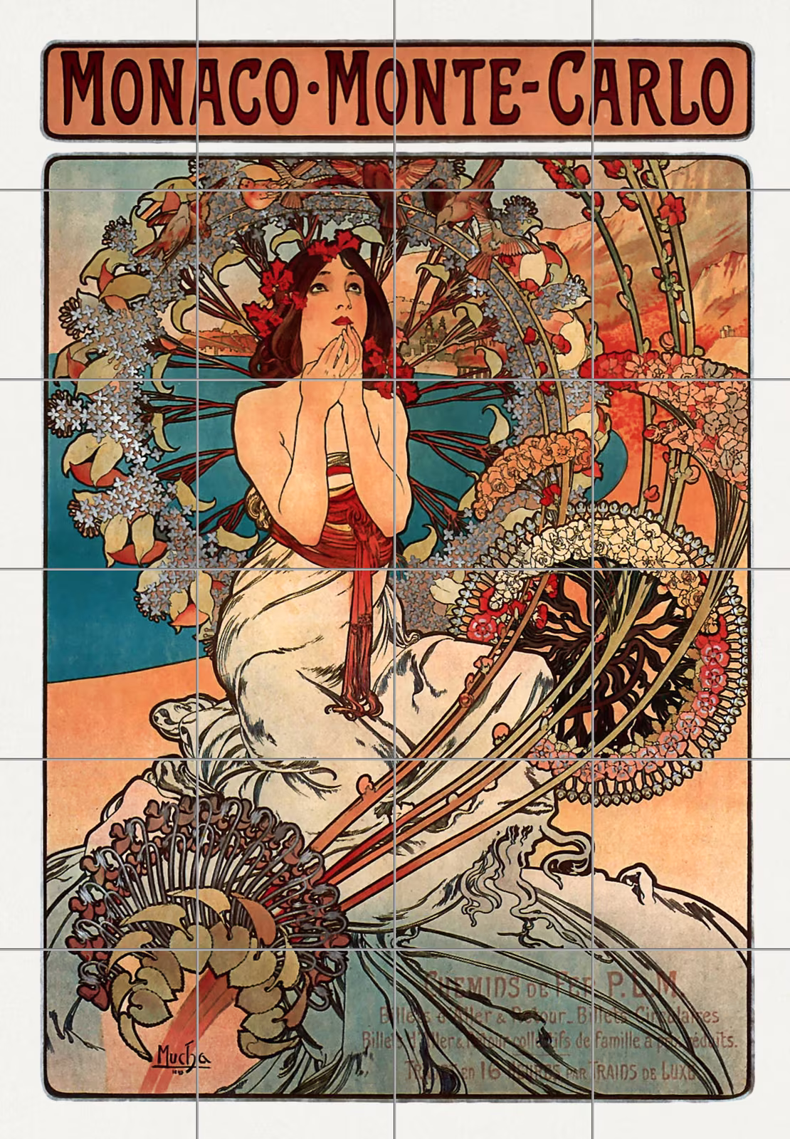 Ceramic tile mural of Monaco Monte Carlo by Alfons Mucha