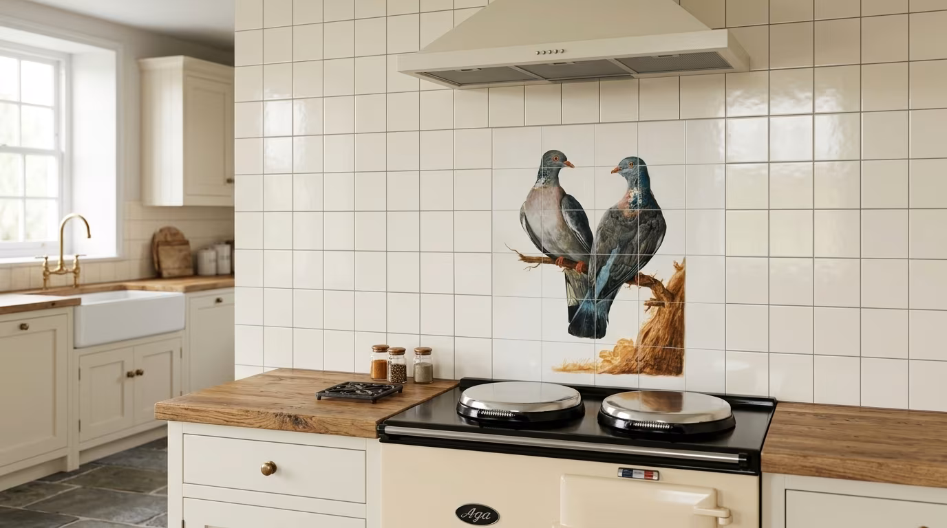 Two Wood Pigeons, vintage bird illustration tile mural shown in a room setting
