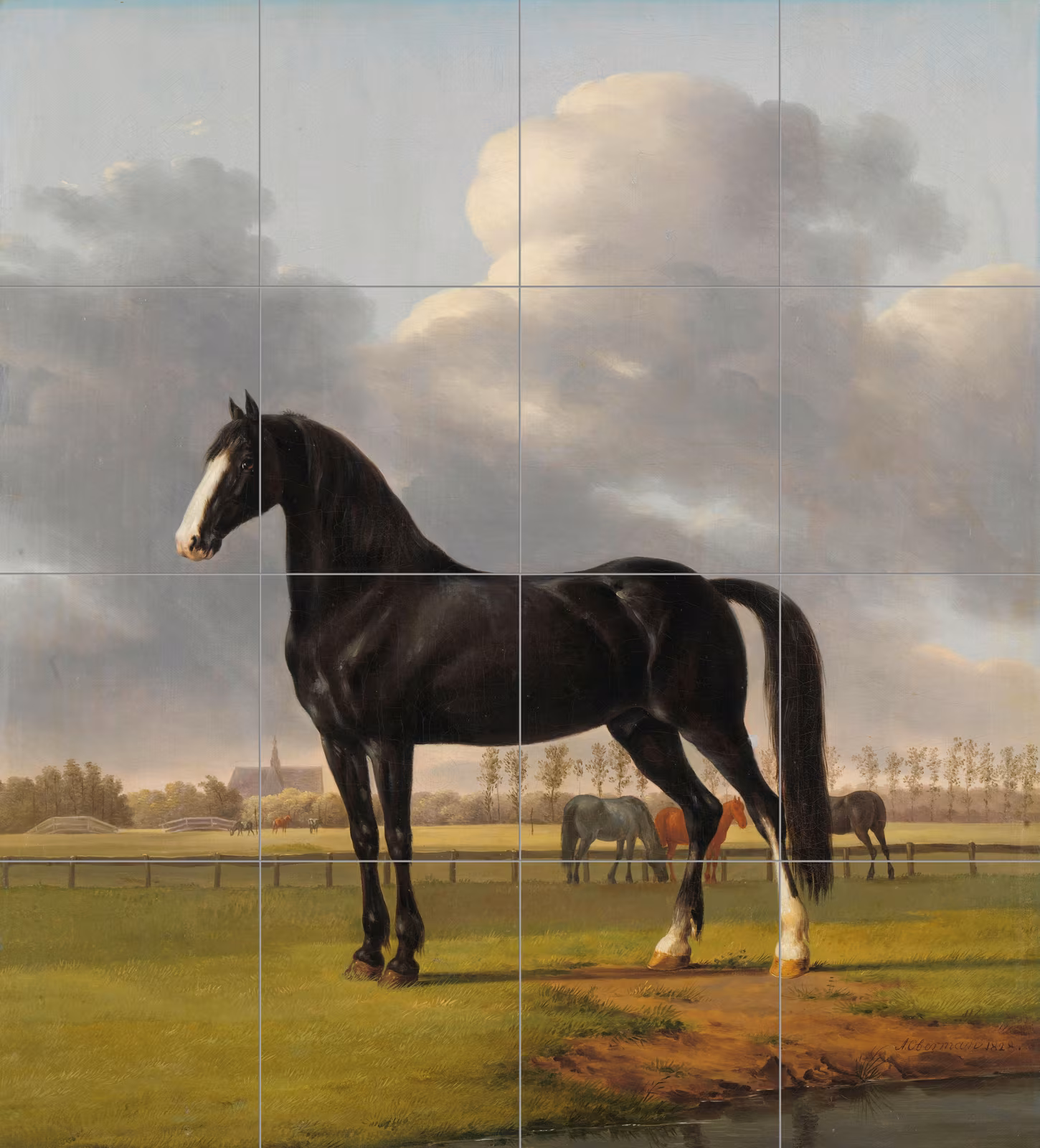 Ceramic tile mural of Adriaan van der Hoop’s Trotter ‘De Vlugge’ in a Meadow by Anthony Oberman