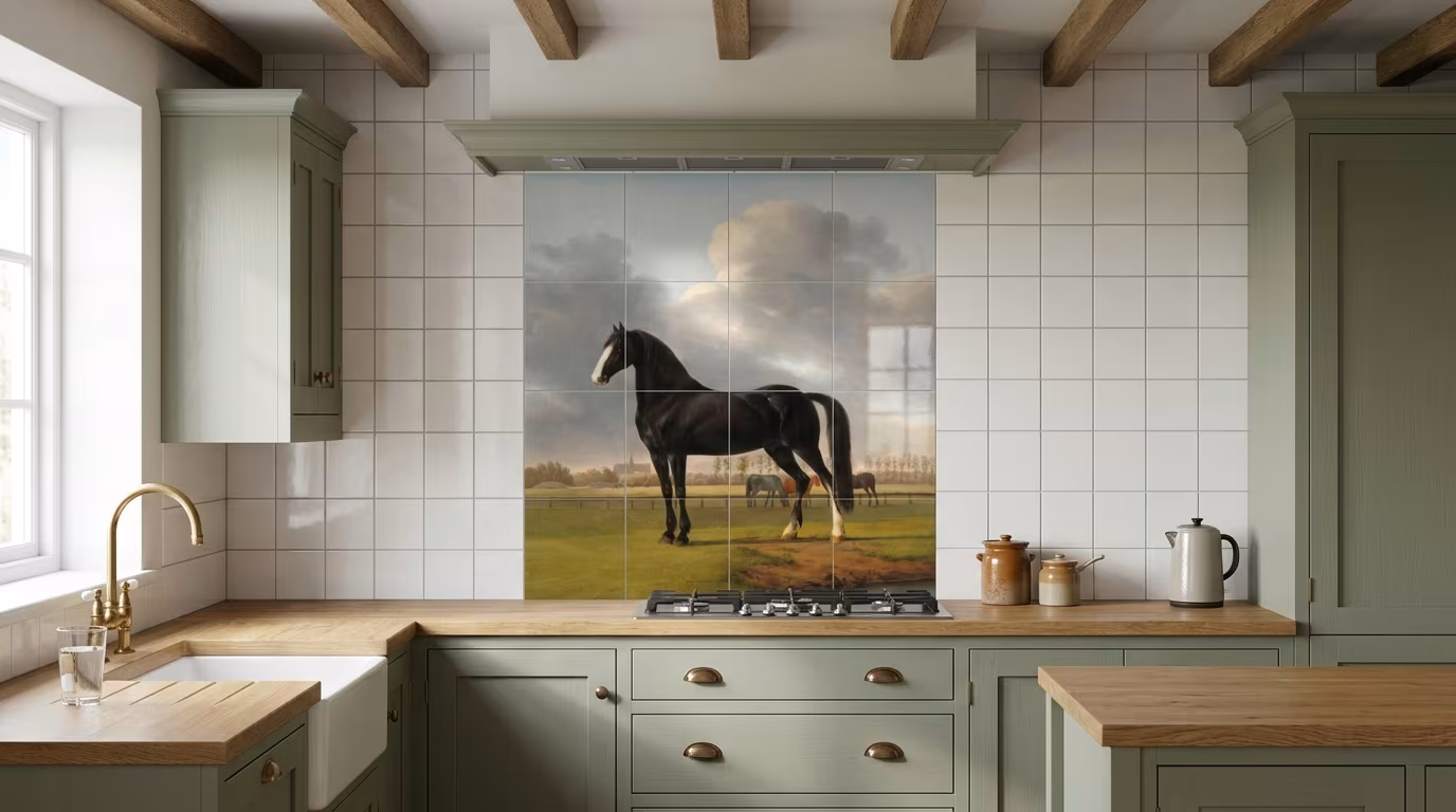 Adriaan van der Hoop’s Trotter ‘De Vlugge’ in a Meadow tile mural shown in a room setting