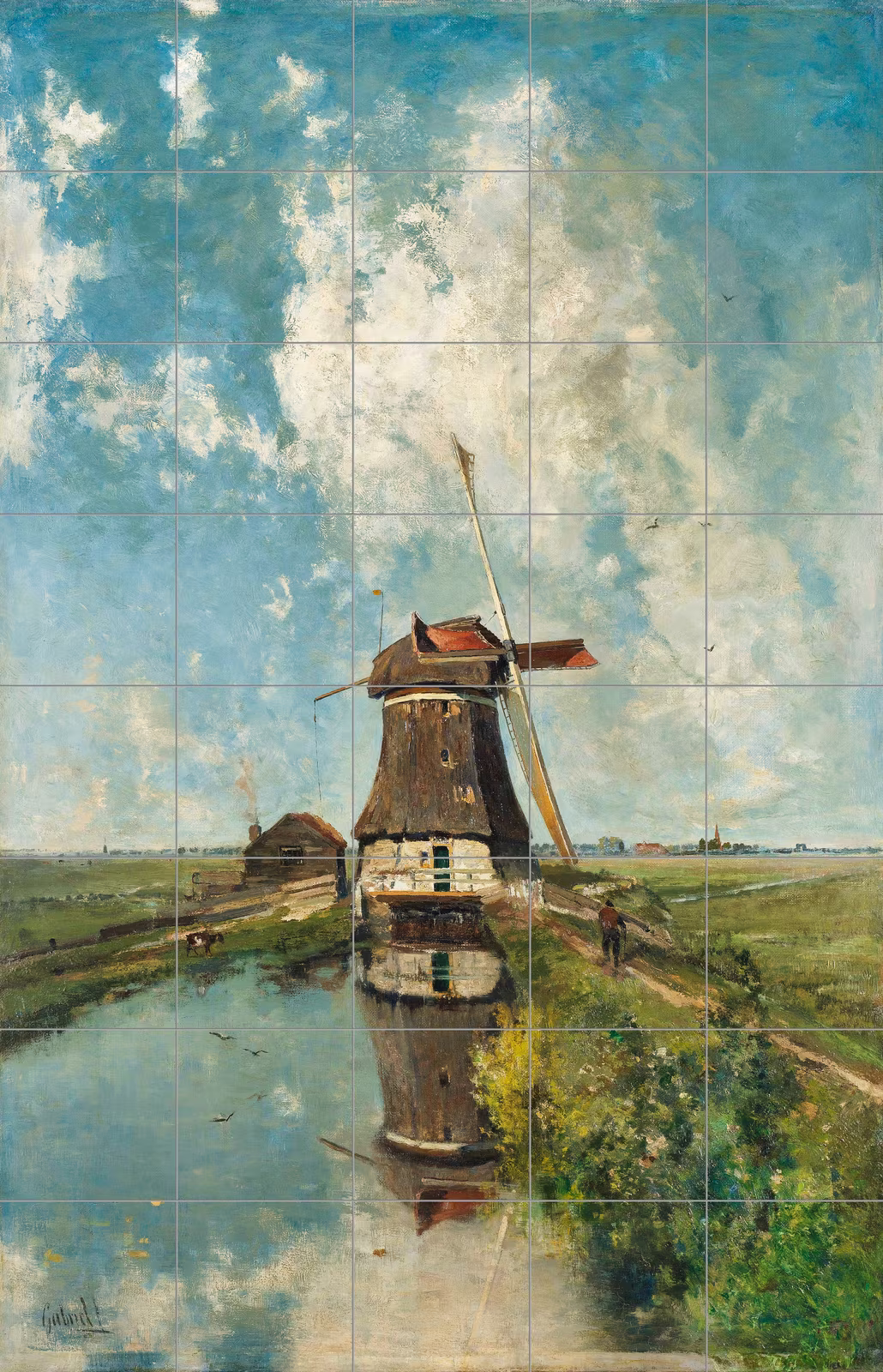 Ceramic tile mural of A Windmill on a Polder Waterway, Known as 'In the Month of July' by Paul Joseph Constantin Gabriel