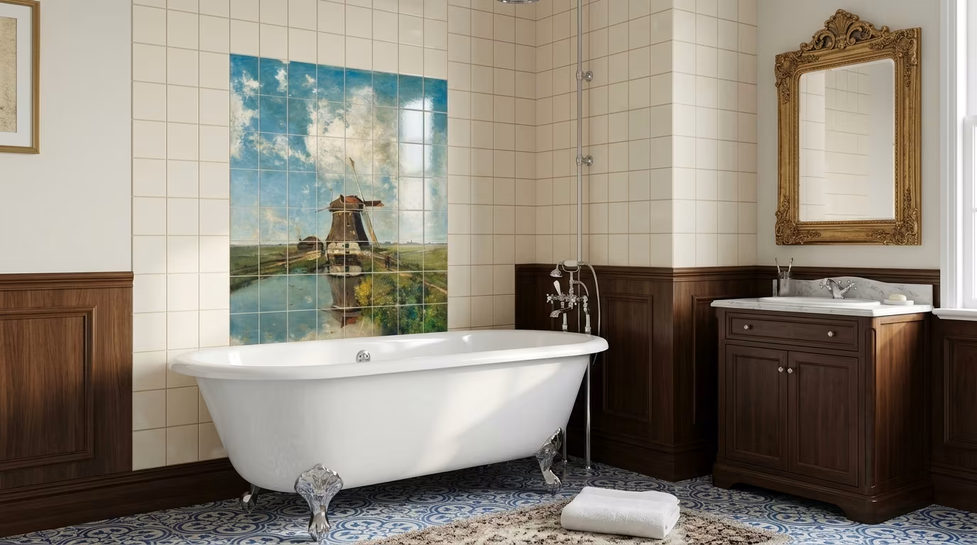 A Windmill on a Polder Waterway, Known as 'In the Month of July' tile mural shown in a room setting
