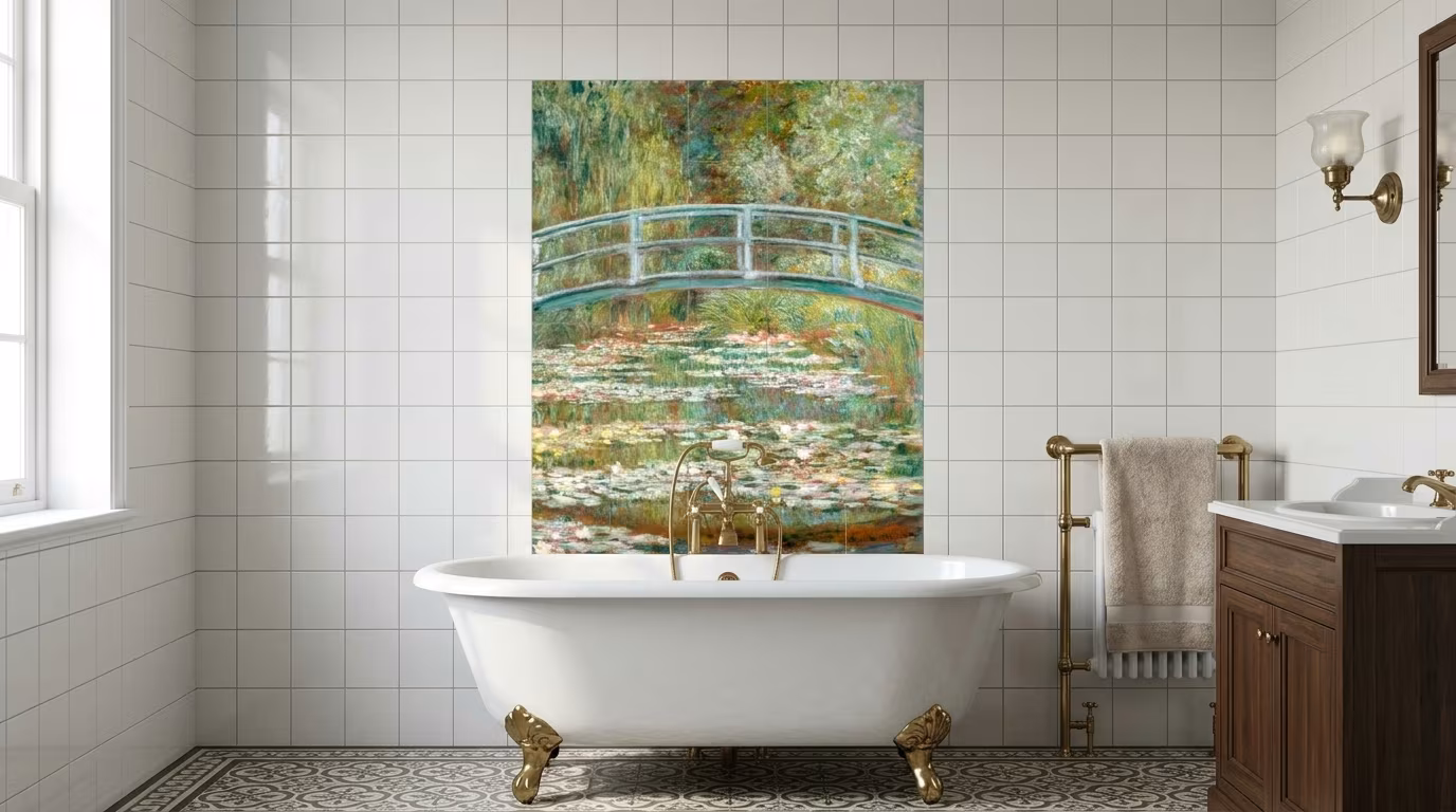 Bridge over a Pond of Water Lilies tile mural shown in a room setting
