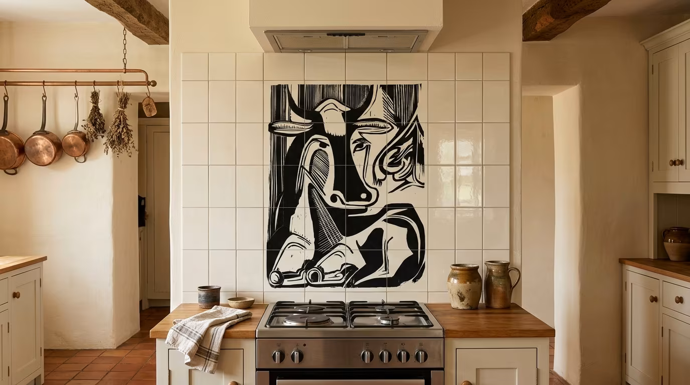 The Large Cow Lying Down tile mural shown in a room setting