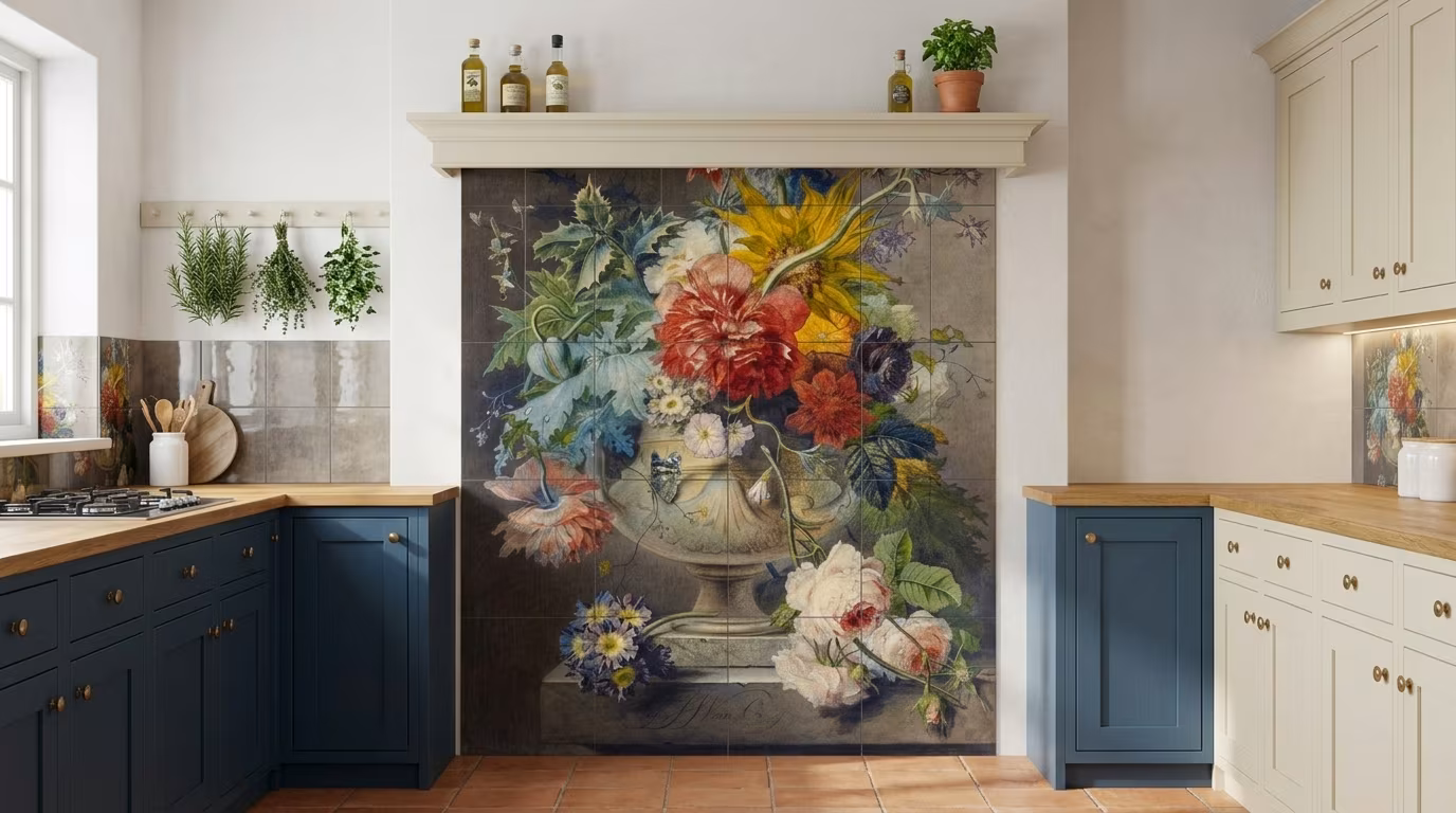 Bouquet of Flowers in a Vase tile mural shown in a room setting