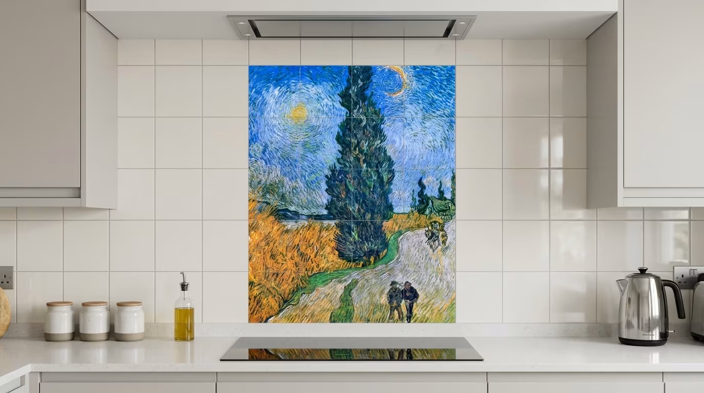 Vincent van Gogh's Road with Cypress and Star (1890) famous painting - Tile Mural - Image 2