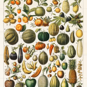 Ceramic tile mural of A vintage illustration of a wide variety of fruits and vegetables from the book, Nouveau Larousse.