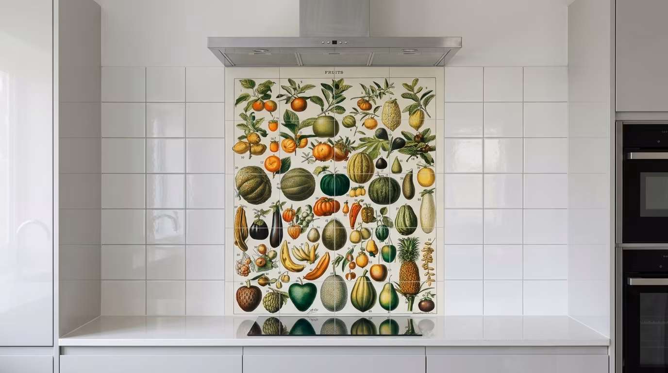 A vintage illustration of a wide variety of fruits and vegetables from the book, Nouveau Larousse Illustre tile mural shown.