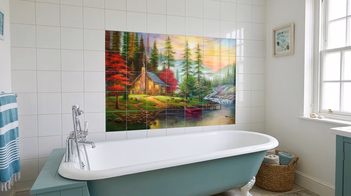 Autumn Cabin by the Lake - Tile Mural - Image 2
