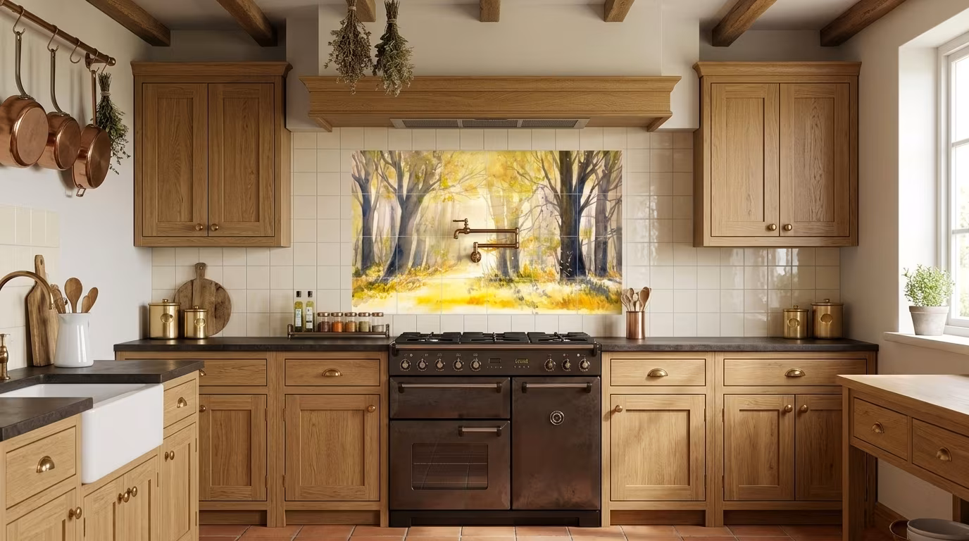 Golden Autumn Forest Path tile mural shown in a room setting