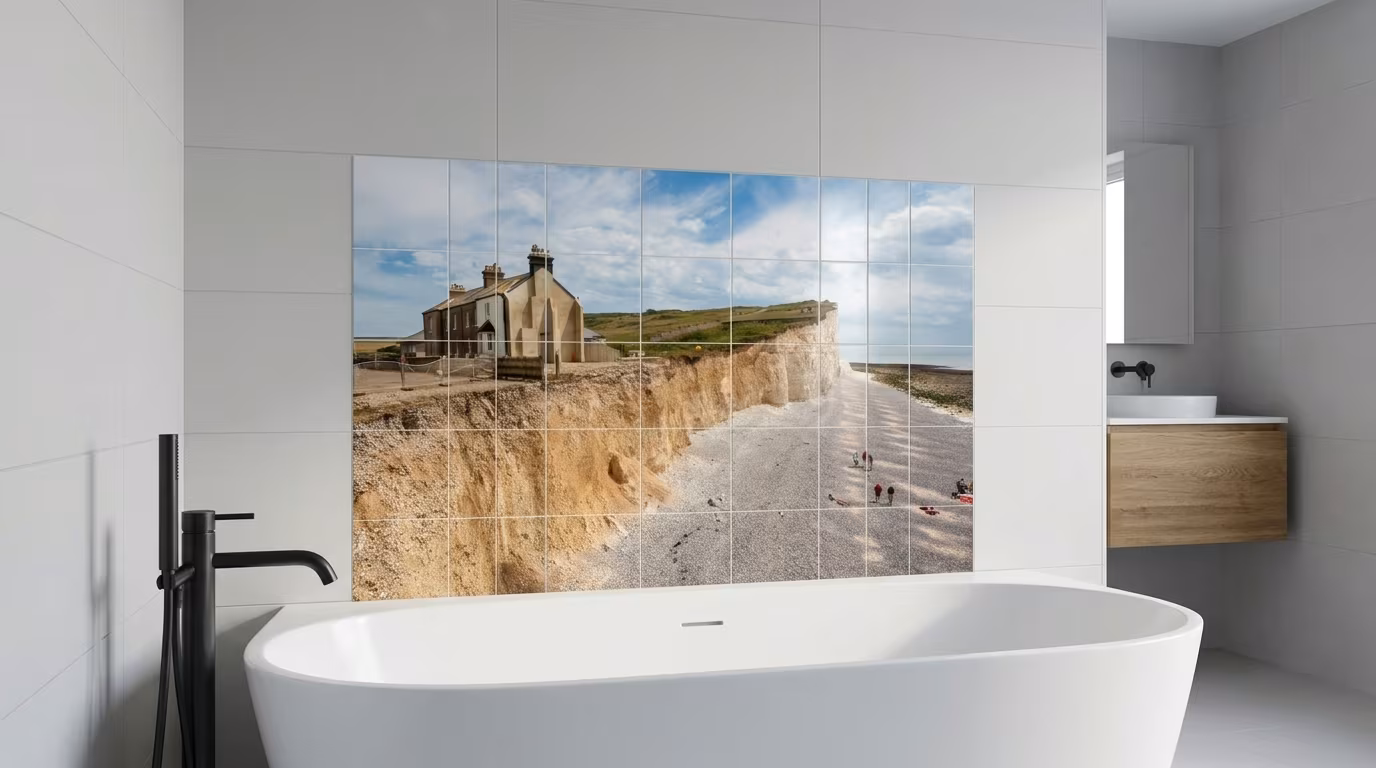 White Chalk Cliffs Coastal Path tile mural shown in a room setting