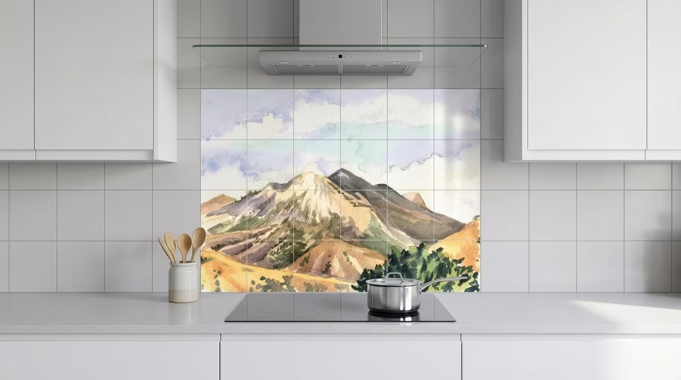 Watercolour Mountain Landscape tile mural shown in a room setting