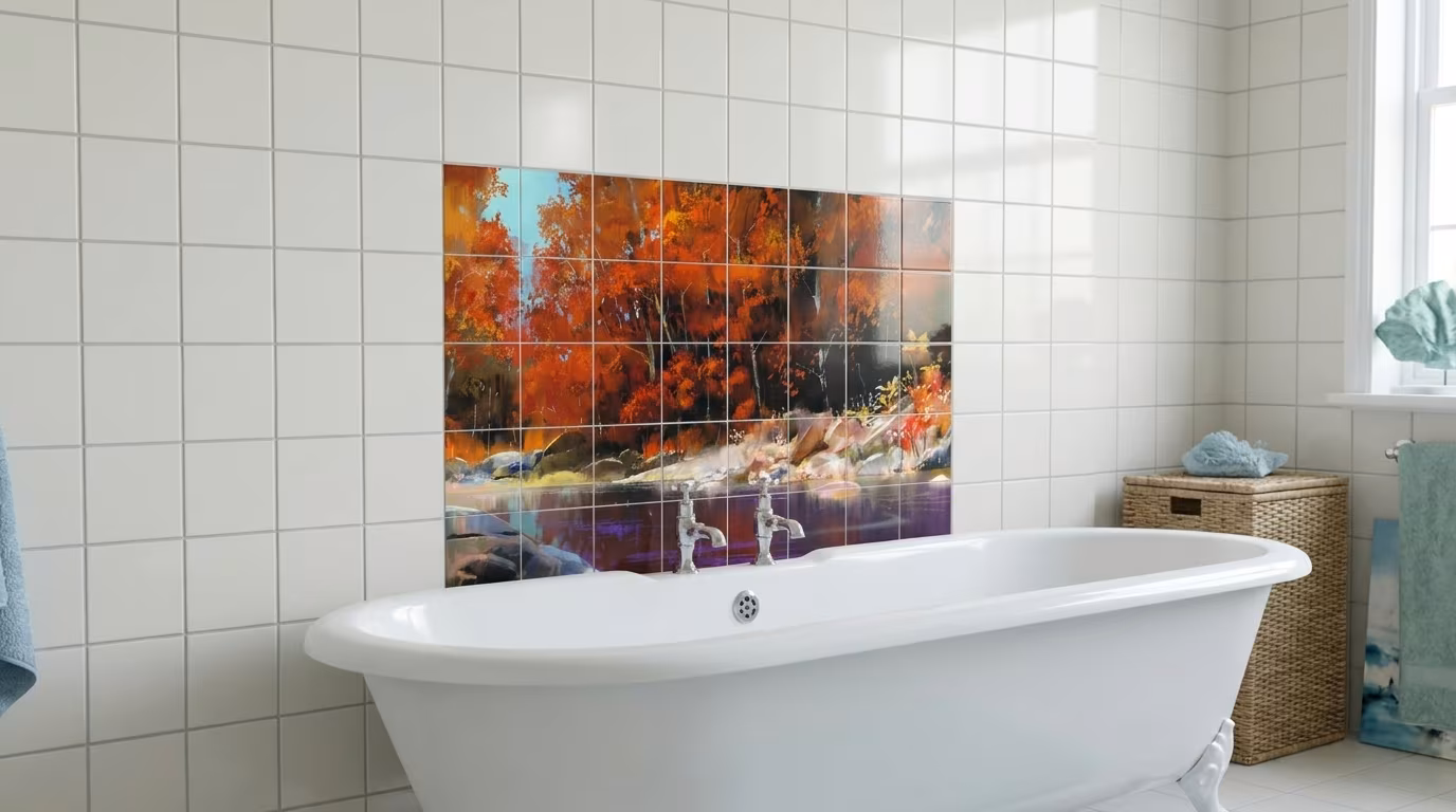 Fiery Autumn Riverside Painting - Tile Mural - Image 2