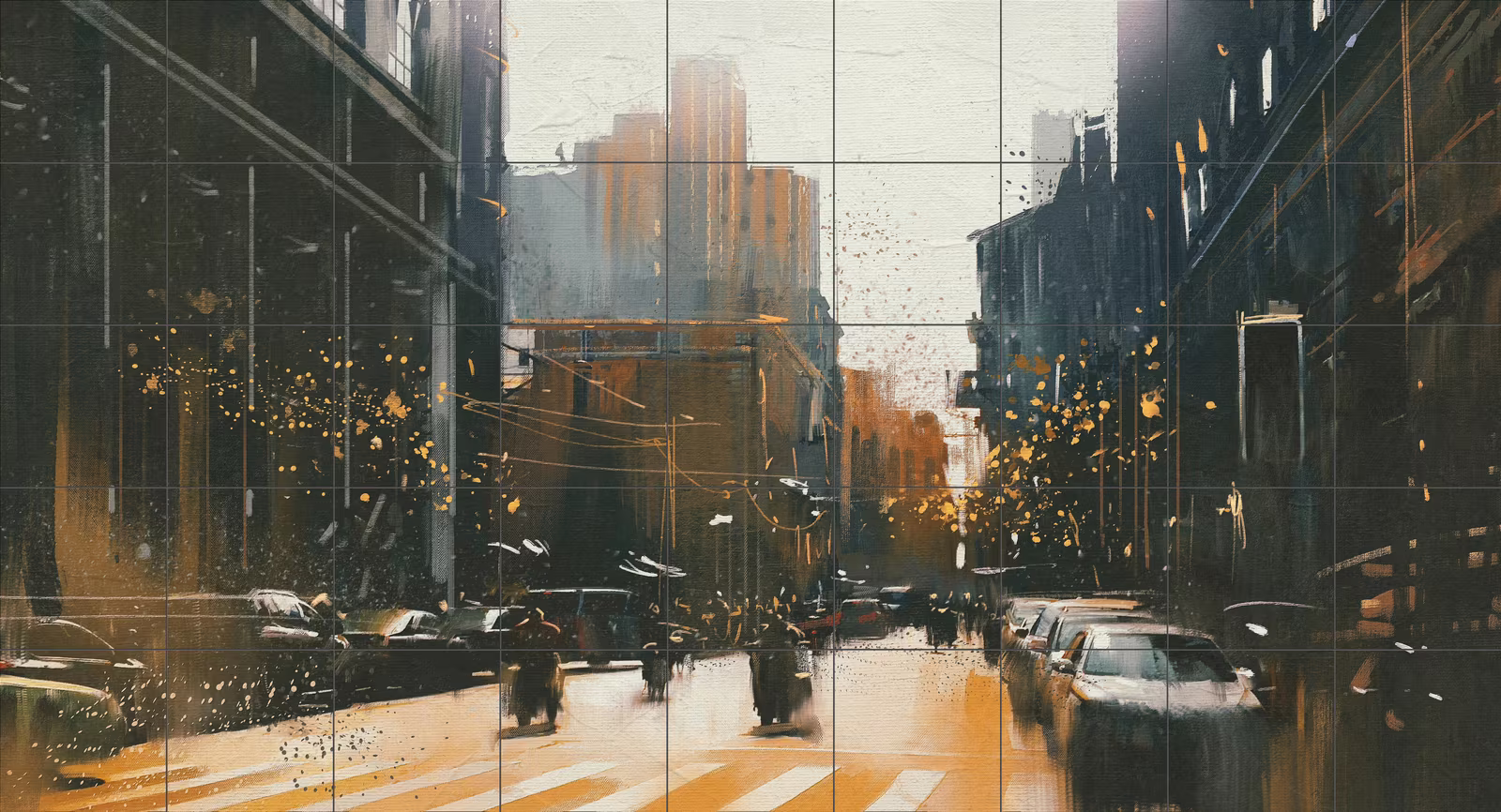 Ceramic tile mural of Golden Hour City Street Painting