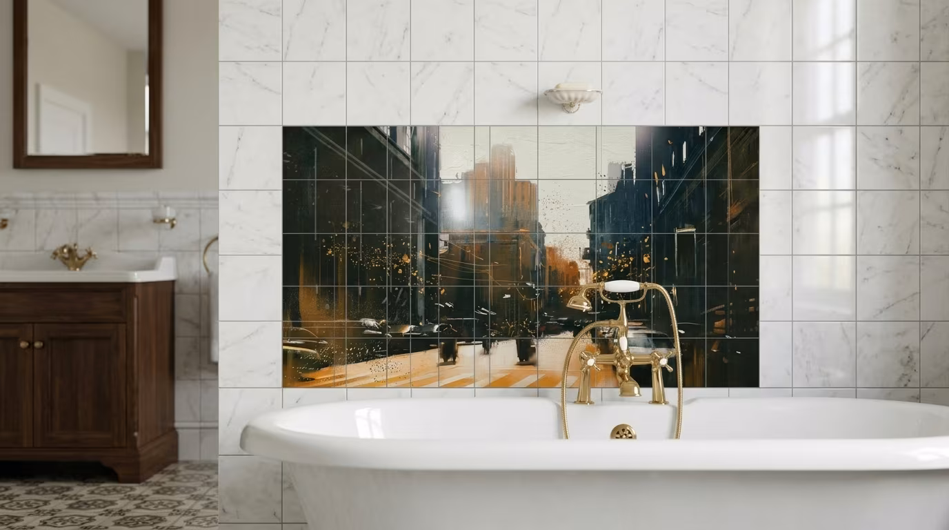 Golden Hour City Street Painting tile mural shown in a room setting