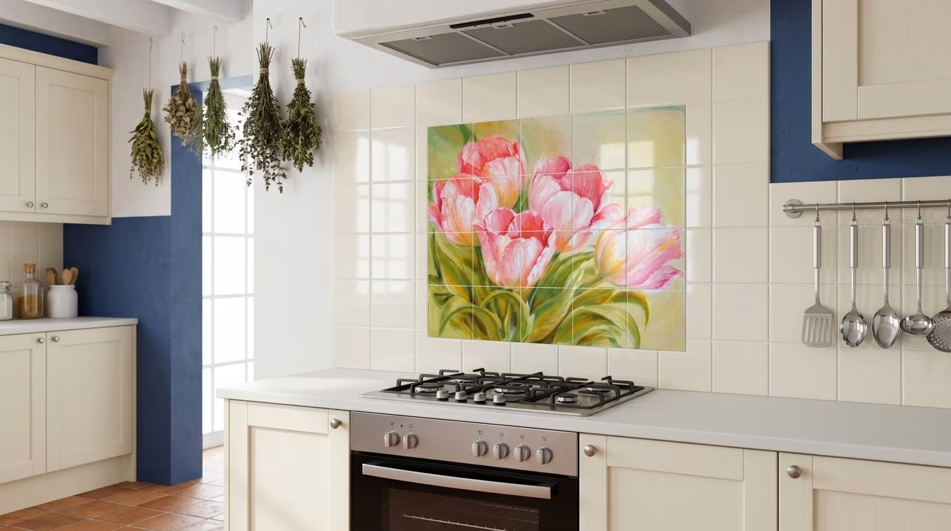 Pink Tulip Bouquet Painting - Tile Mural - Image 2
