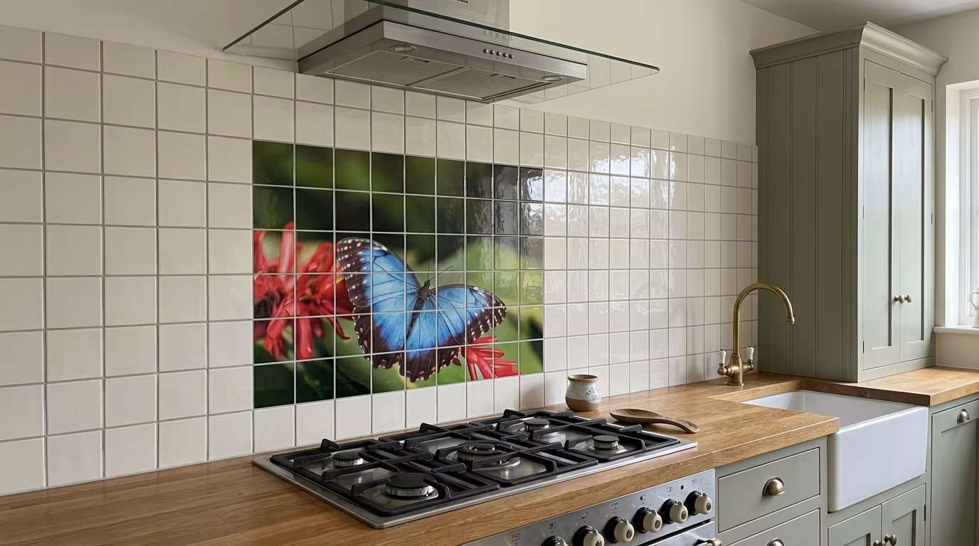Blue Morpho Butterfly on Flower tile mural shown in a room setting