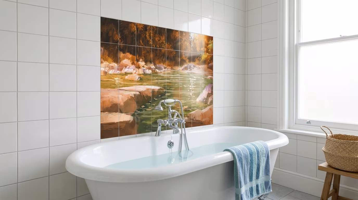 Tranquil Rocky Stream Painting tile mural shown in a room setting