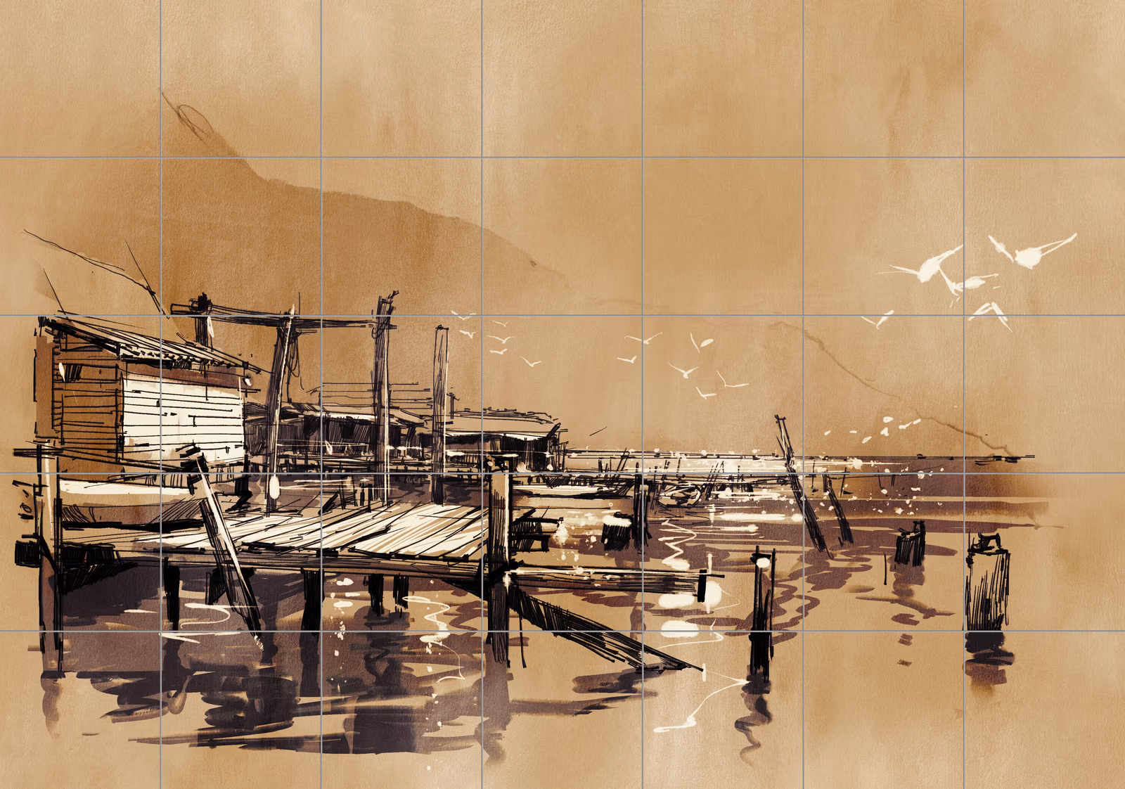 Ceramic tile mural of Vintage Fishing Dock Illustration