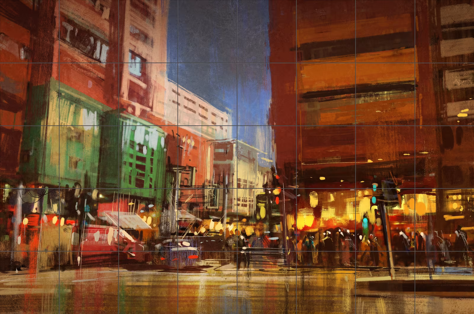 Ceramic tile mural of City Street at Night Painting