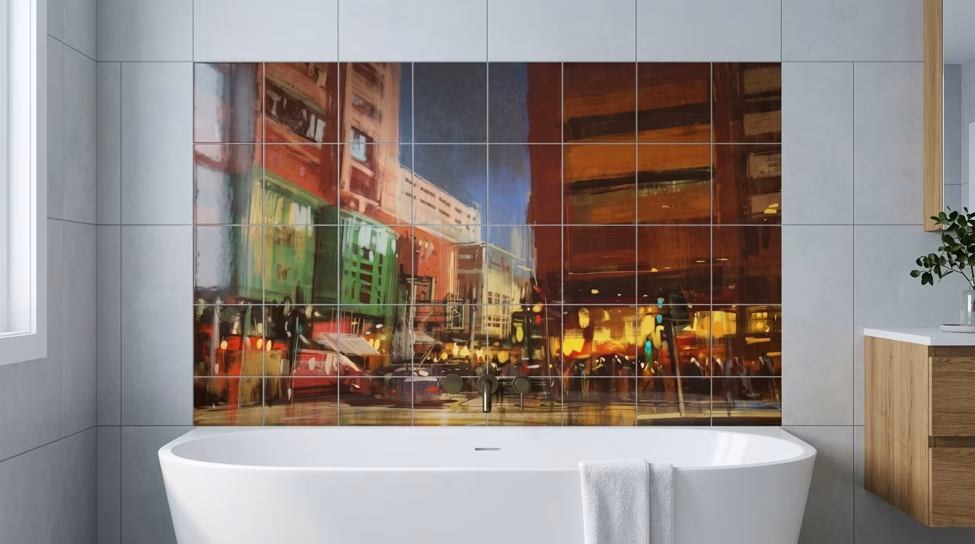 City Street at Night Painting tile mural shown in a room setting