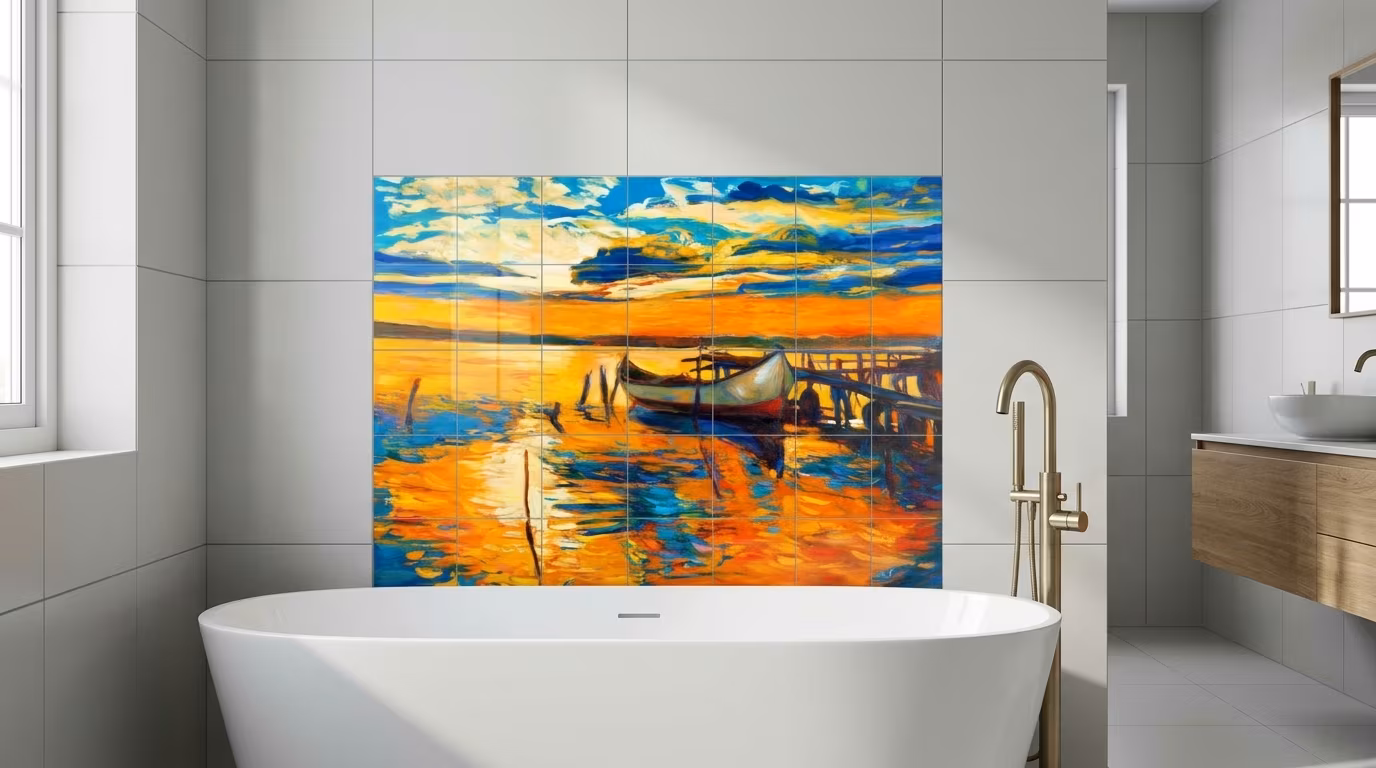 Sunset Harbour Oil Painting - Tile Mural - Image 2