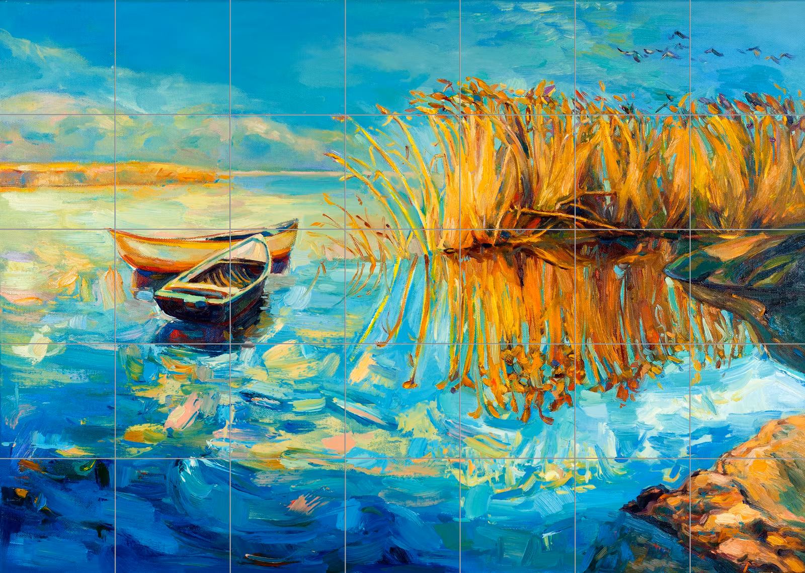 Ceramic tile mural of Riverside Reeds Oil Painting