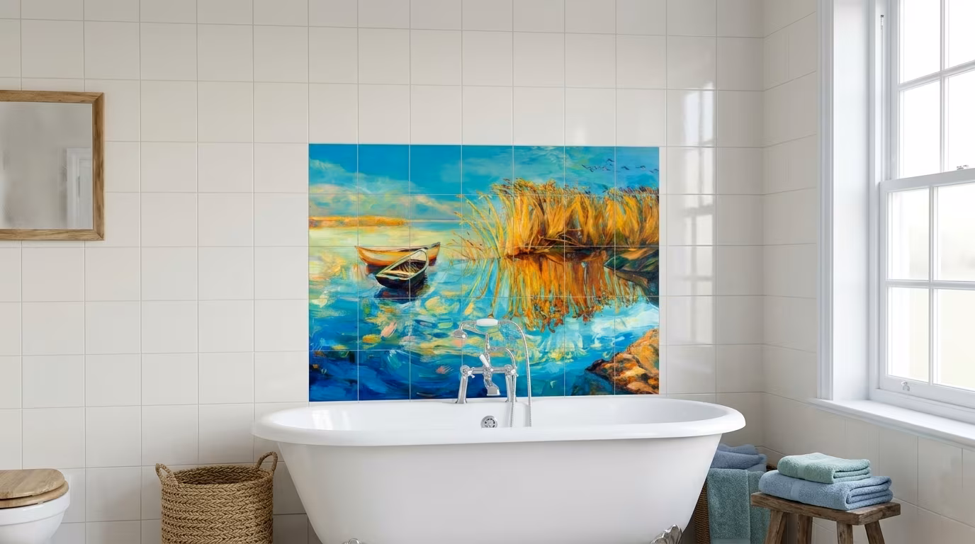 Riverside Reeds Oil Painting - Tile Mural - Image 2