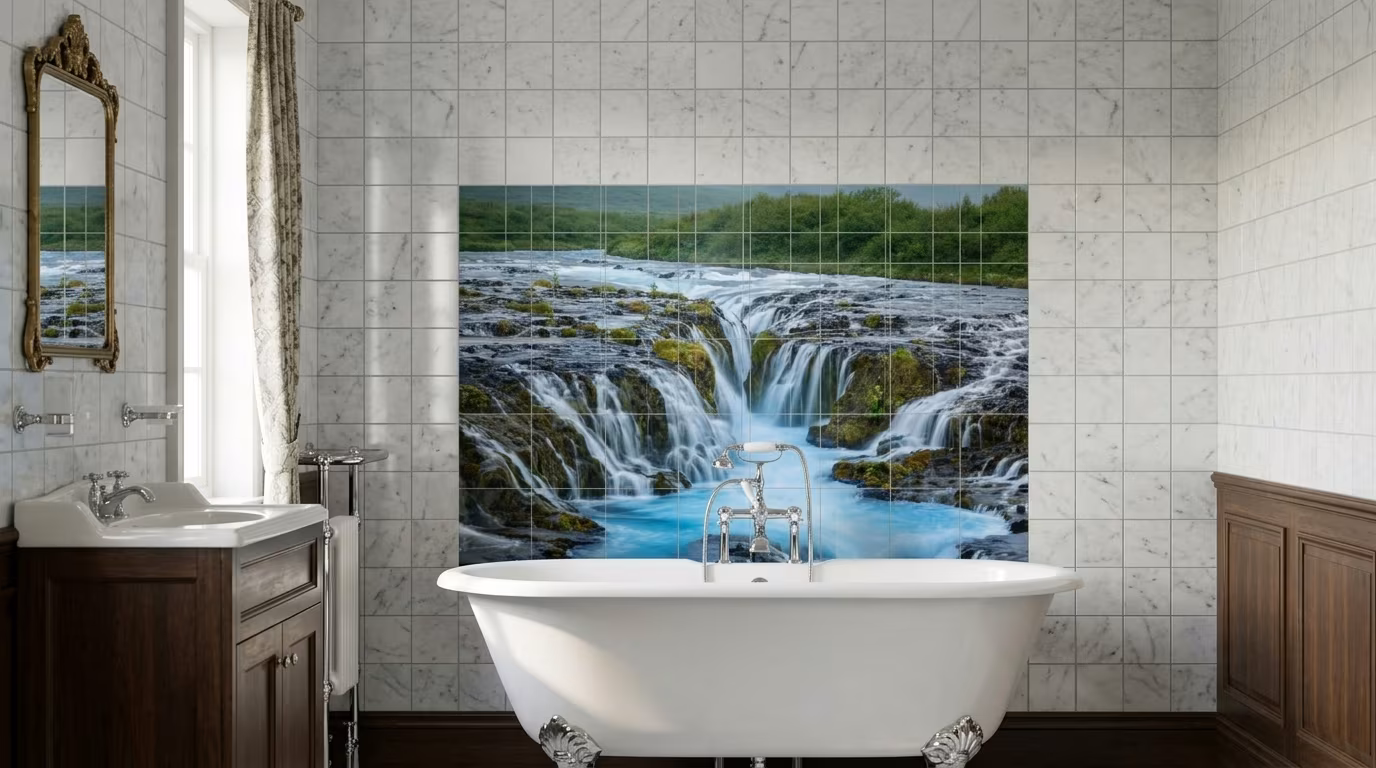 Waterfall Cascade Landscape tile mural shown in a room setting