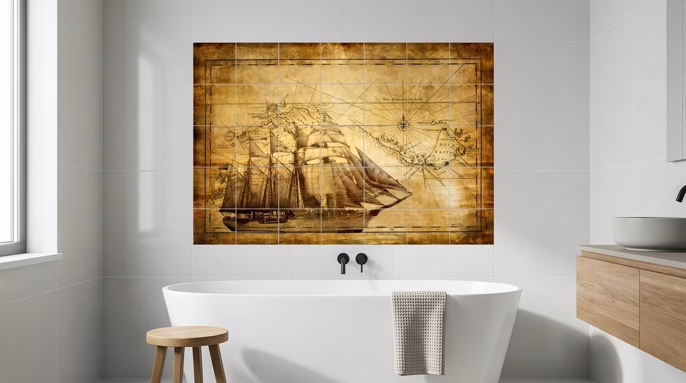 Vintage Sailing Ship Map Illustration tile mural shown in a room setting