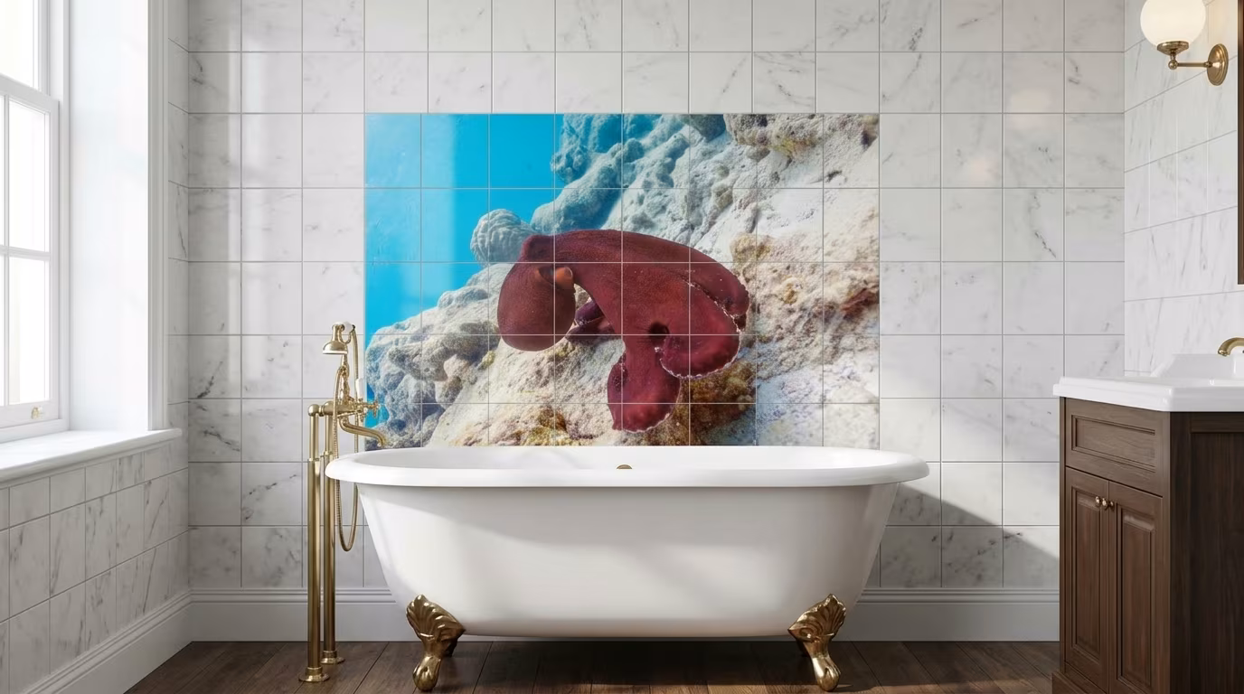 Underwater Octopus on Coral tile mural shown in a room setting