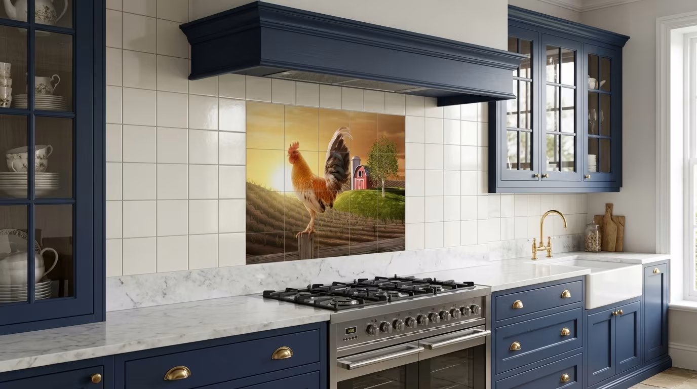 Rooster on Vineyard Fence at Sunrise - Tile Mural - Image 2