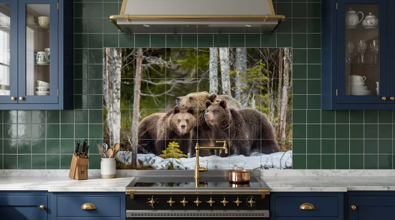 Brown Bear Family in Snow tile mural shown in a room setting