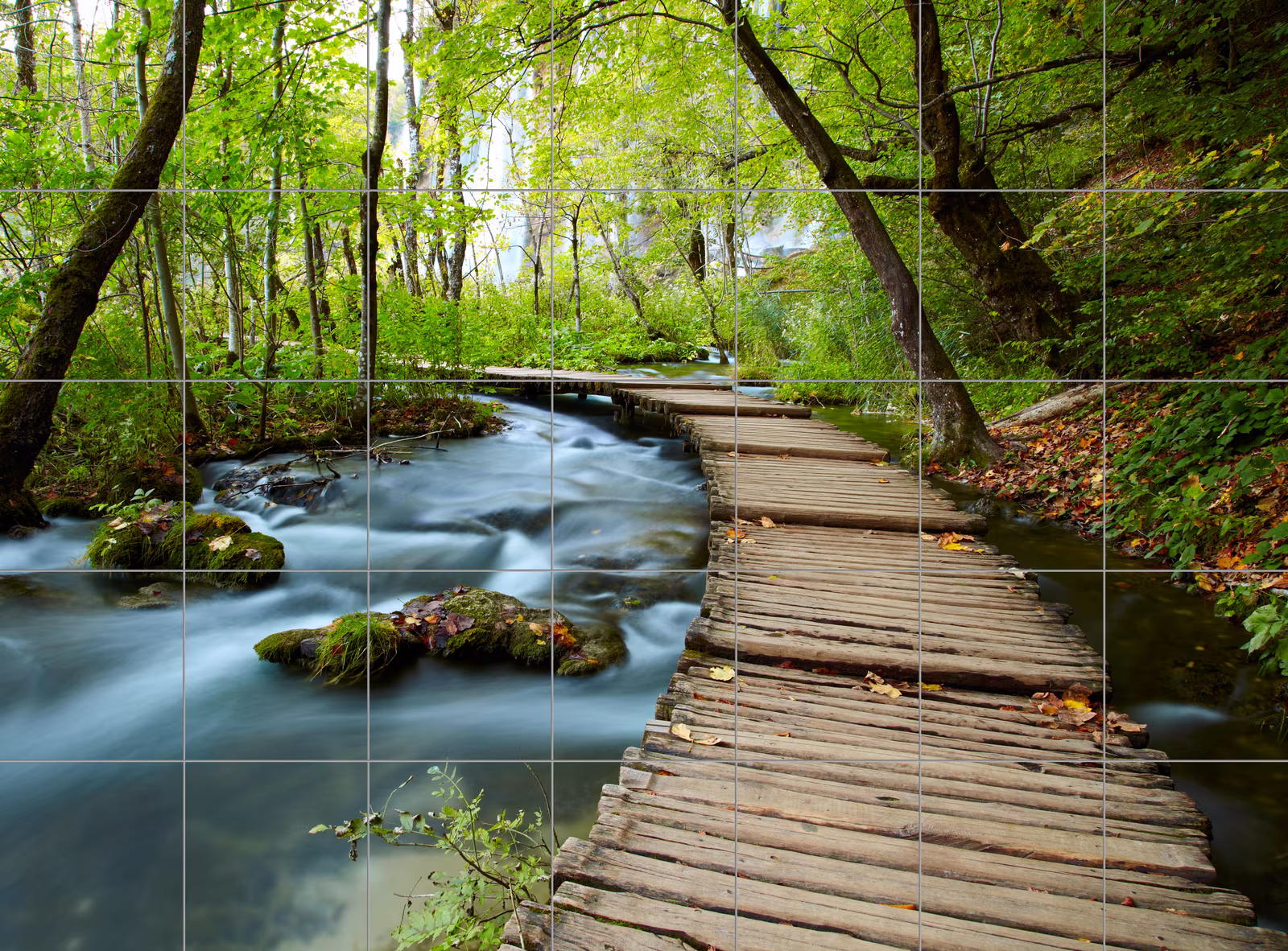 Ceramic tile mural of Wooden Boardwalk Through Forest Stream