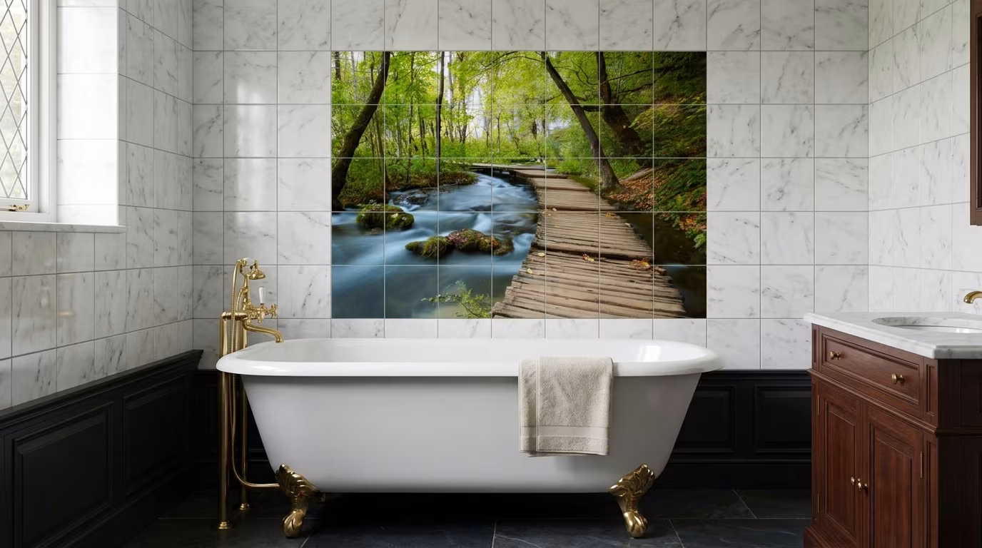 Wooden Boardwalk Through Forest Stream - Tile Mural - Image 2